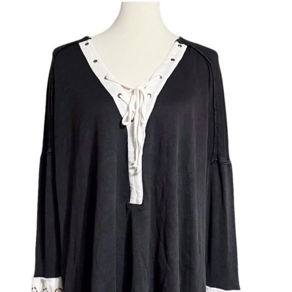 Free People Black Lace Up V Neck‎ Long Sleeve Grommet Cuff Oversized Tunic Top S
